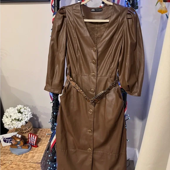 Zara Chocolate Brown Faux Leather Dress - Picture 1 of 3